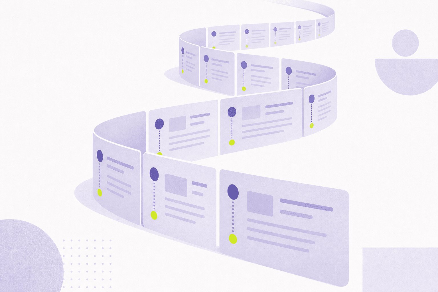 Flat illustration of a timestamped ledger ribbon winding in an orderly trail
