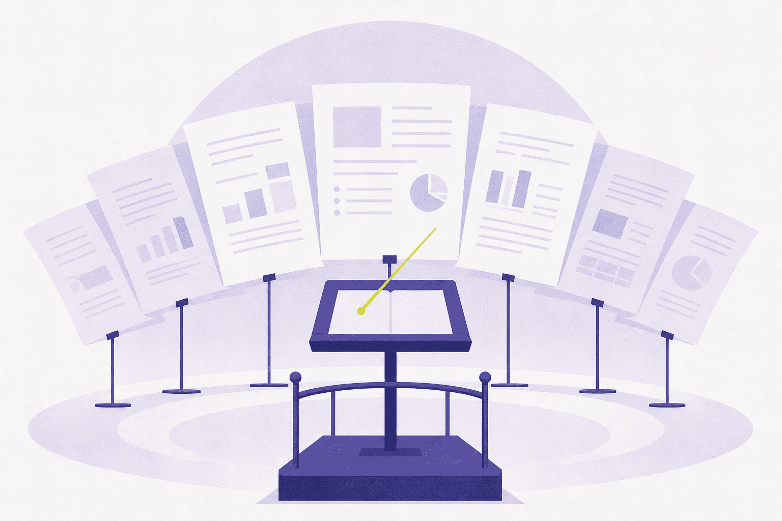 Flat illustration of a conductor's podium orchestrating document sheets