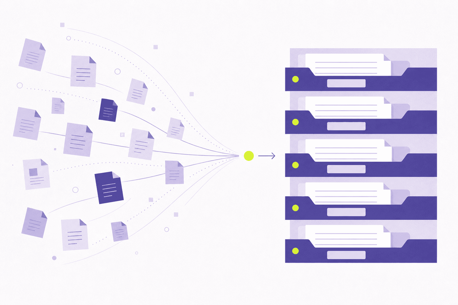 Flat illustration of document requests flowing into labeled slots