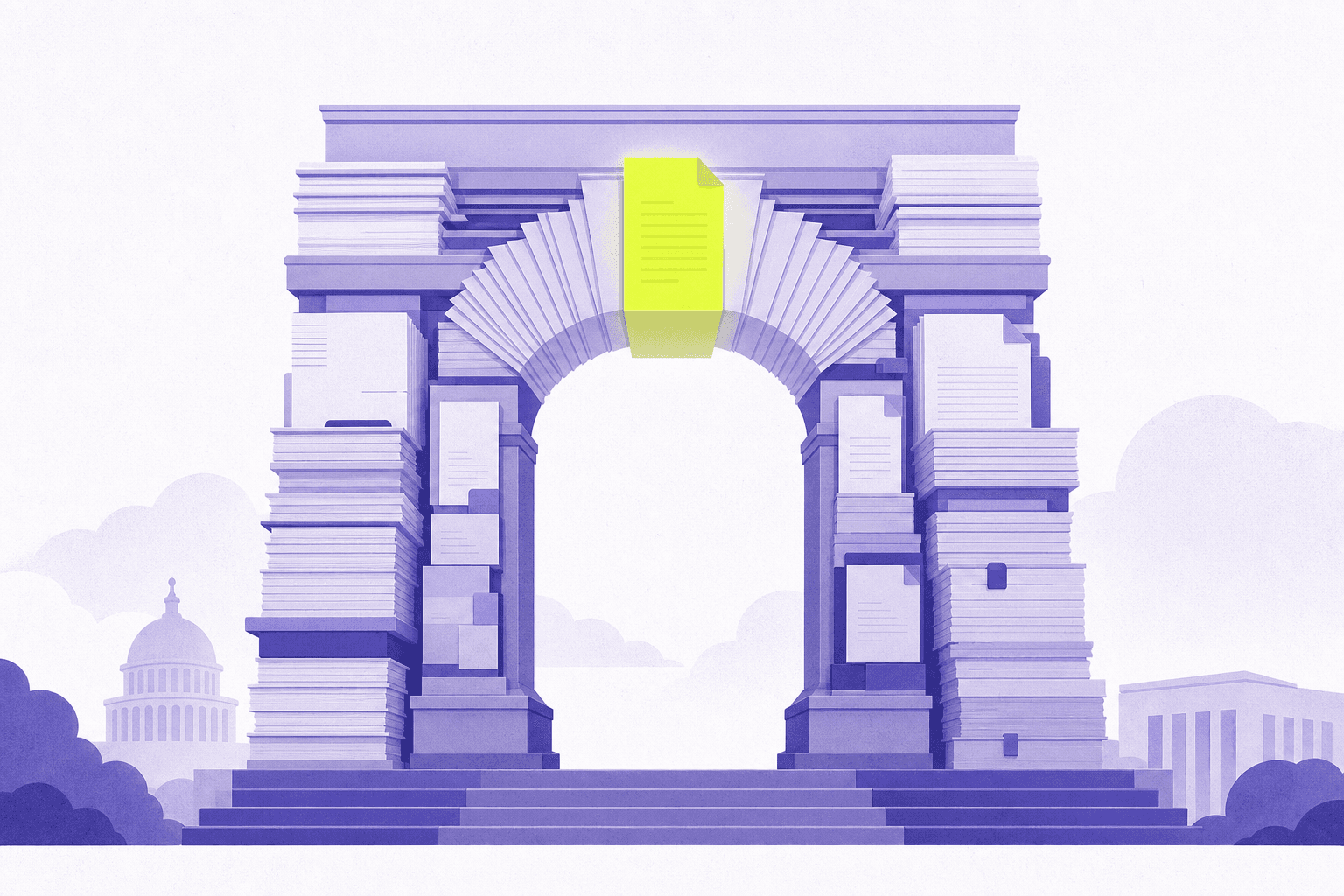 Flat illustration of a federal arch built of stacked exhibit documents