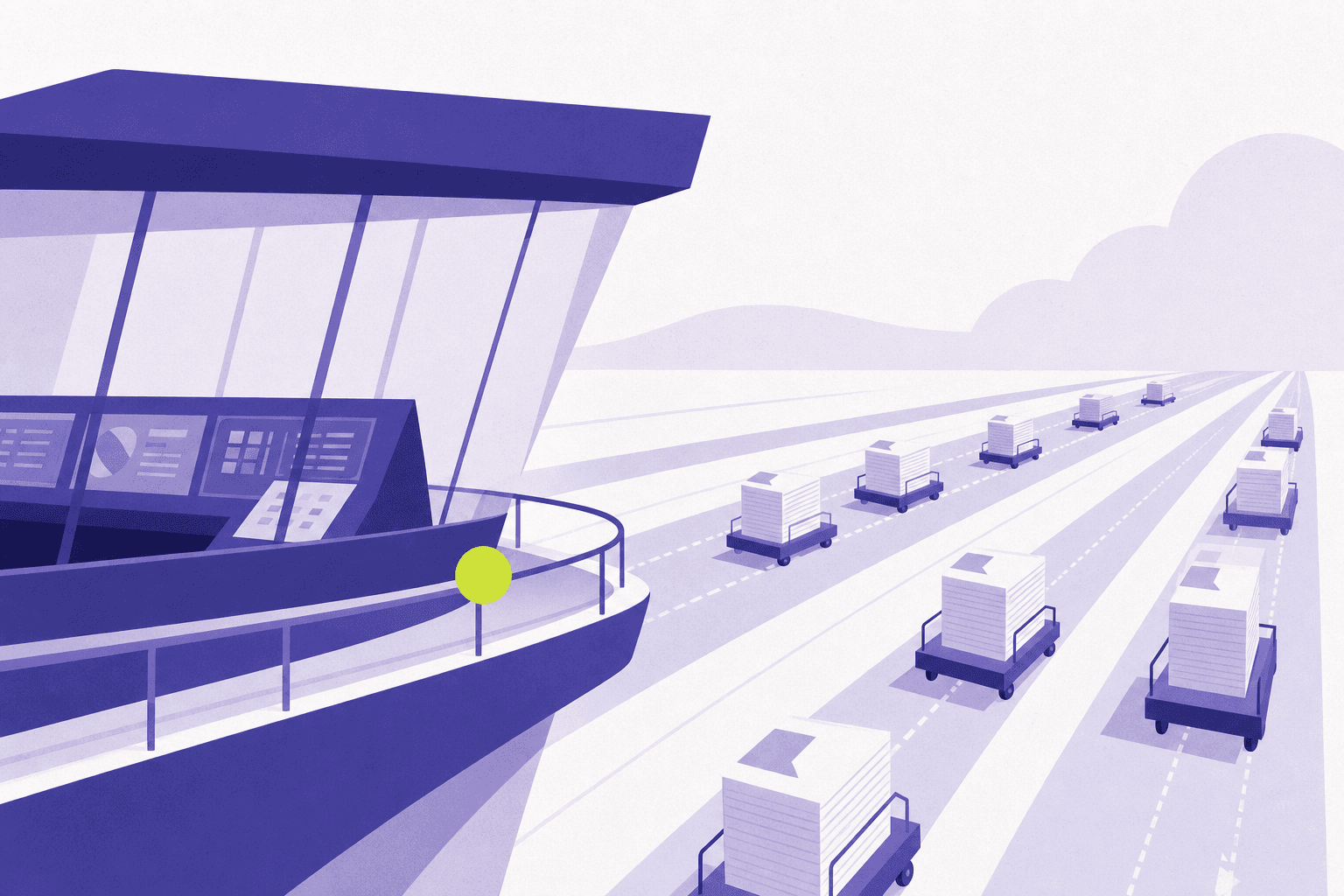 Flat illustration of a control tower over coordinated document lanes
