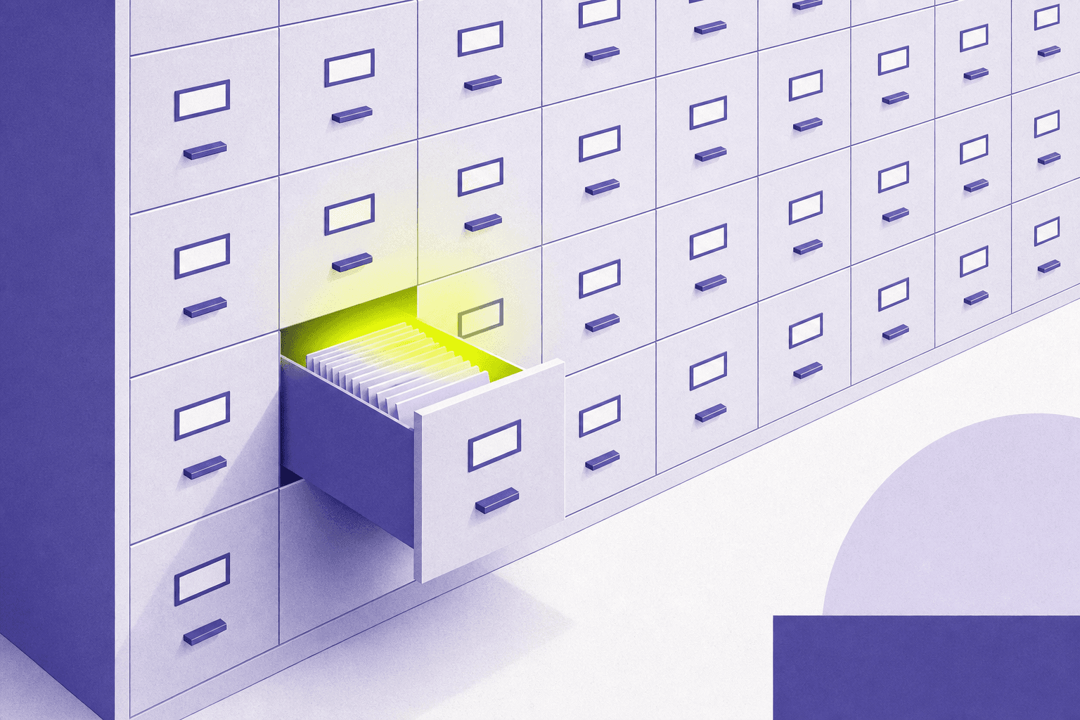 Flat illustration of an organized archive wall with one drawer glowing