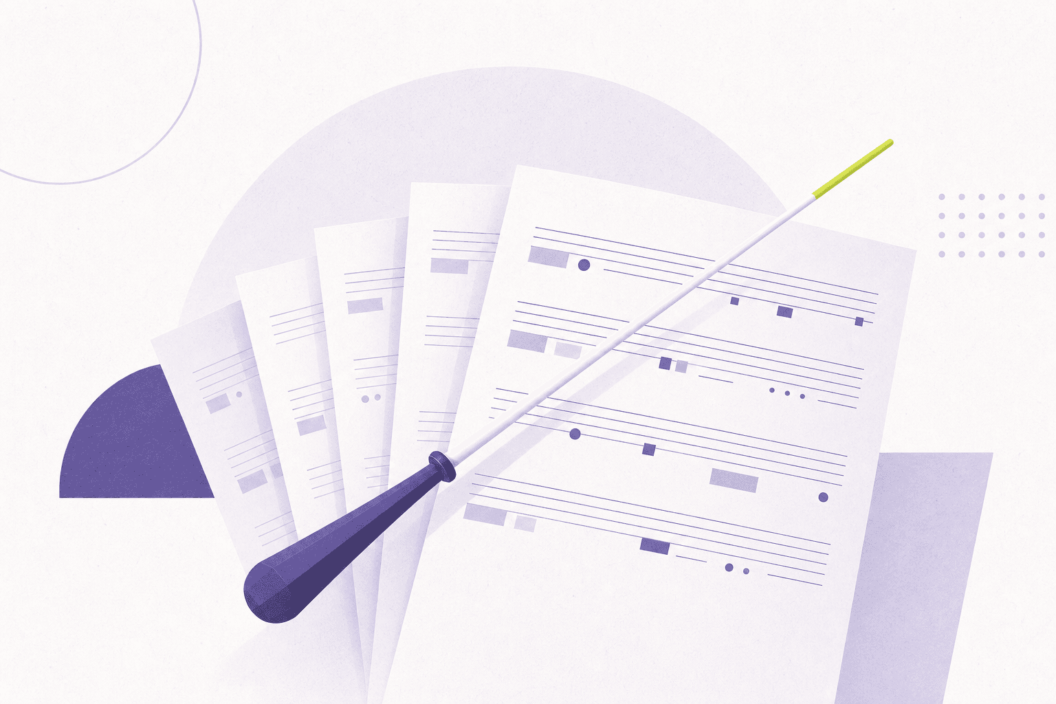 Flat illustration of a conductor's baton over a fan of document sheets