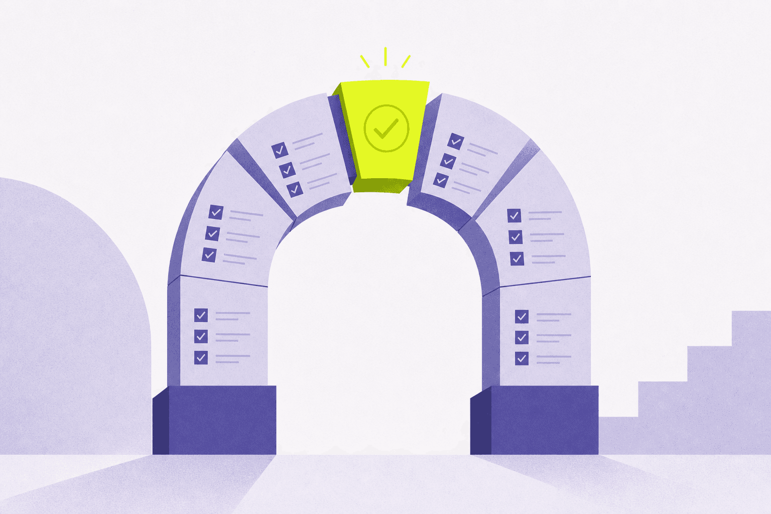 Flat illustration of a keystone set into an archway of checklist documents