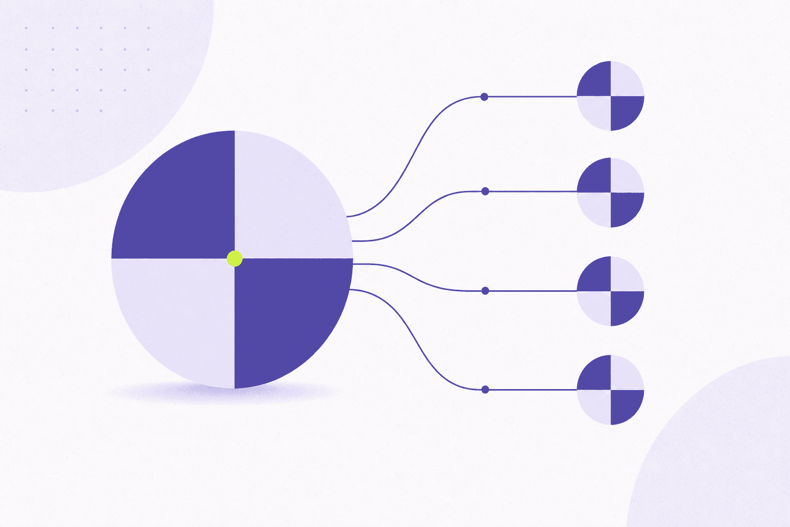 Flat illustration of one circle dividing into shares flowing to connected circles