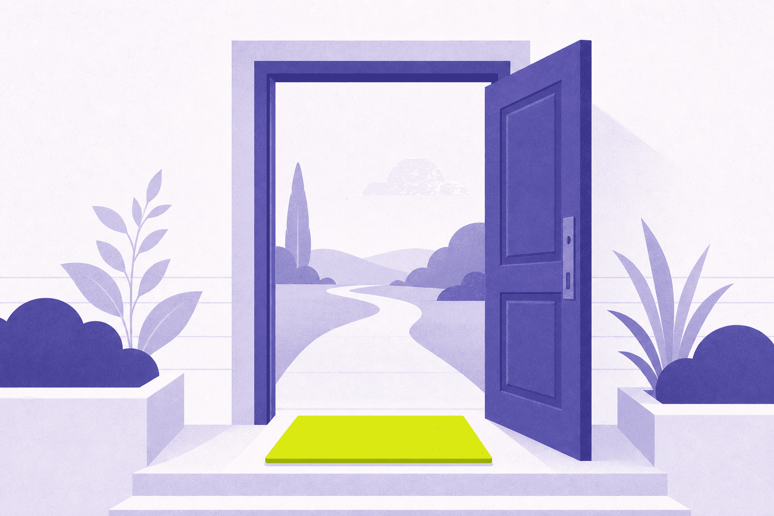 Flat illustration of a clean front door opening onto a welcoming path
