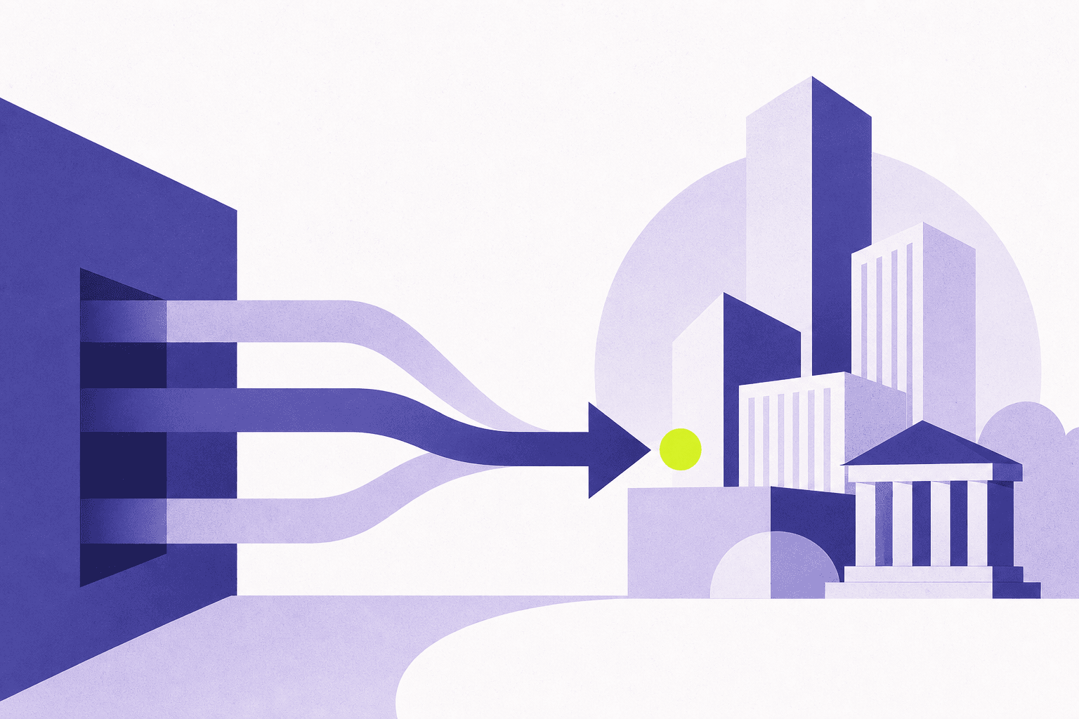Flat illustration of a private channel routing capital to transitional buildings