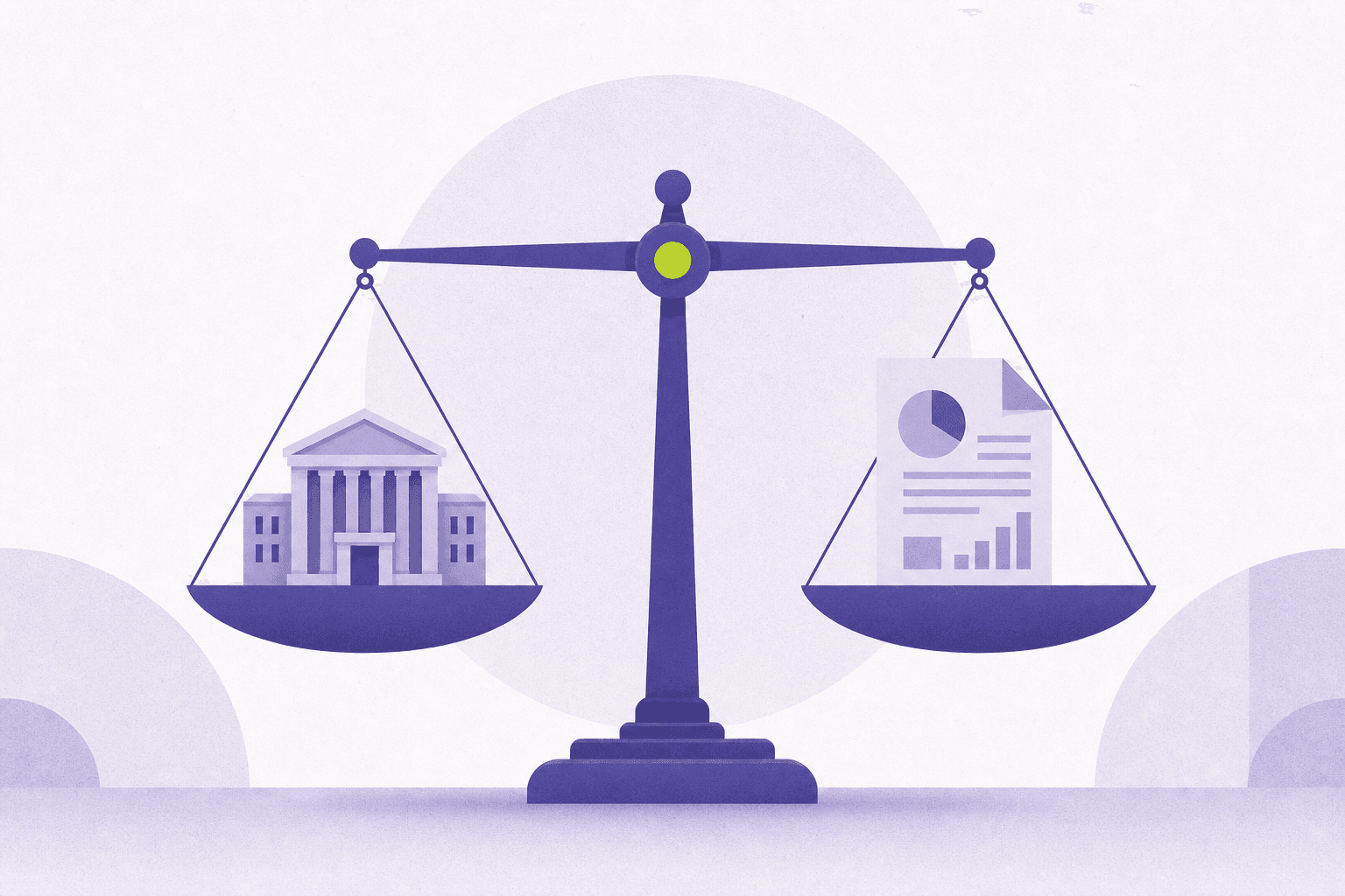 Flat illustration of a balance scale weighing a building against a report