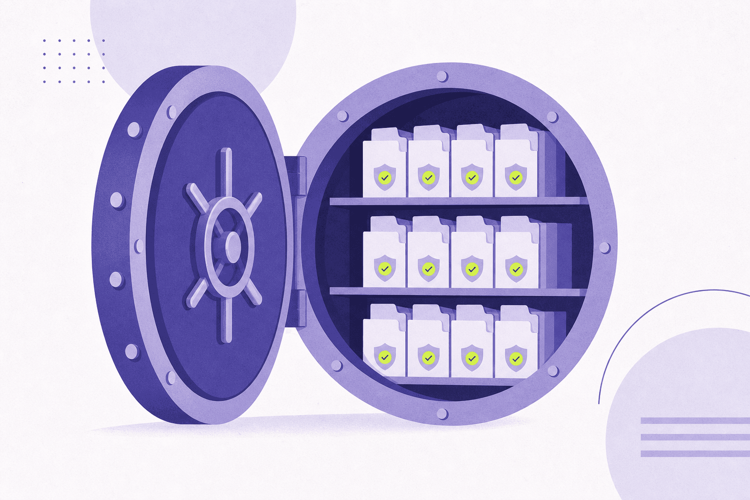 Flat illustration of an open vault revealing permission-labeled folder shelves