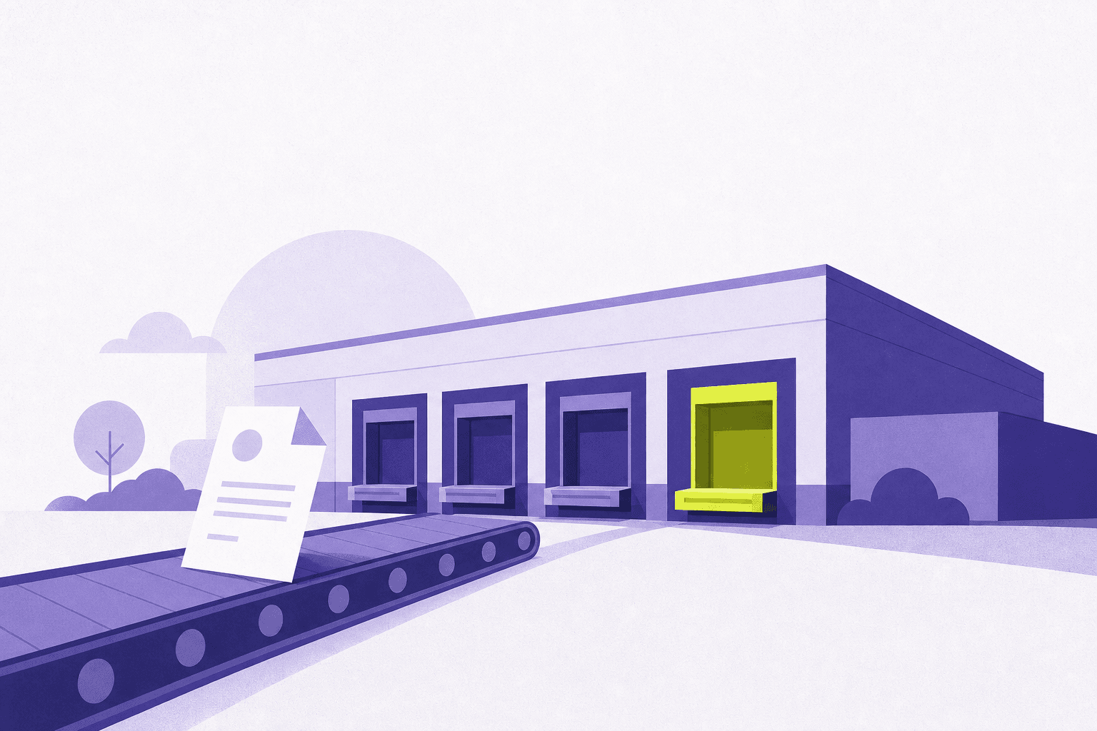 Flat illustration of a distribution warehouse with loading bays and a conveyor