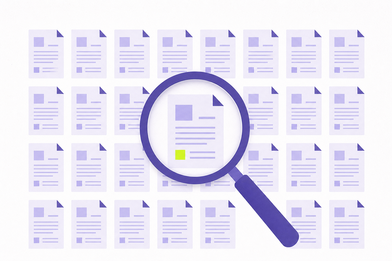 Flat editorial illustration of a magnifying glass over a perfectly aligned grid of documents