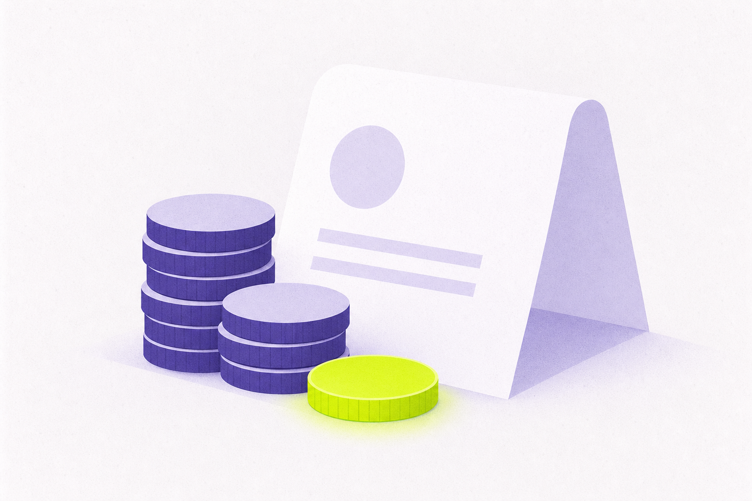 Flat illustration of stacked coins beside a folded document, one coin glowing