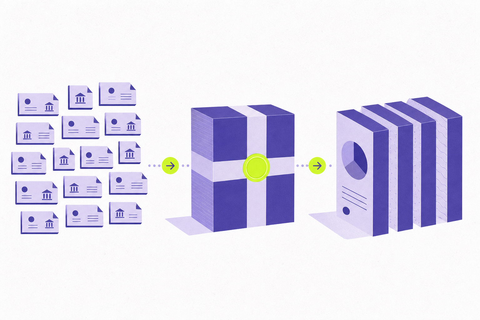 Flat illustration of loan tiles bundled into a block then split into bond slices
