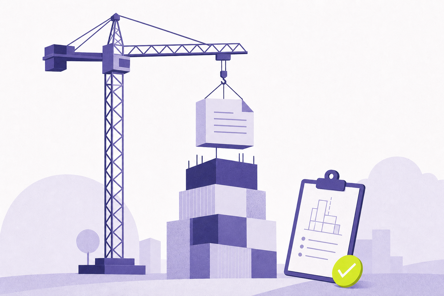 Flat illustration of a crane lowering a document block onto a rising tower