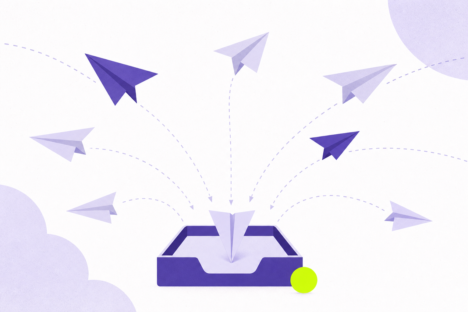 Flat illustration of scattered paper airplanes converging into one neat inbox tray