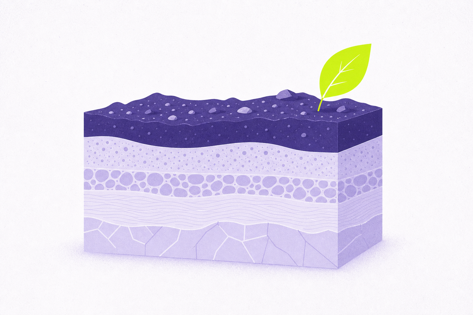 Flat illustration of a soil cross-section with clean layers and a single leaf accent