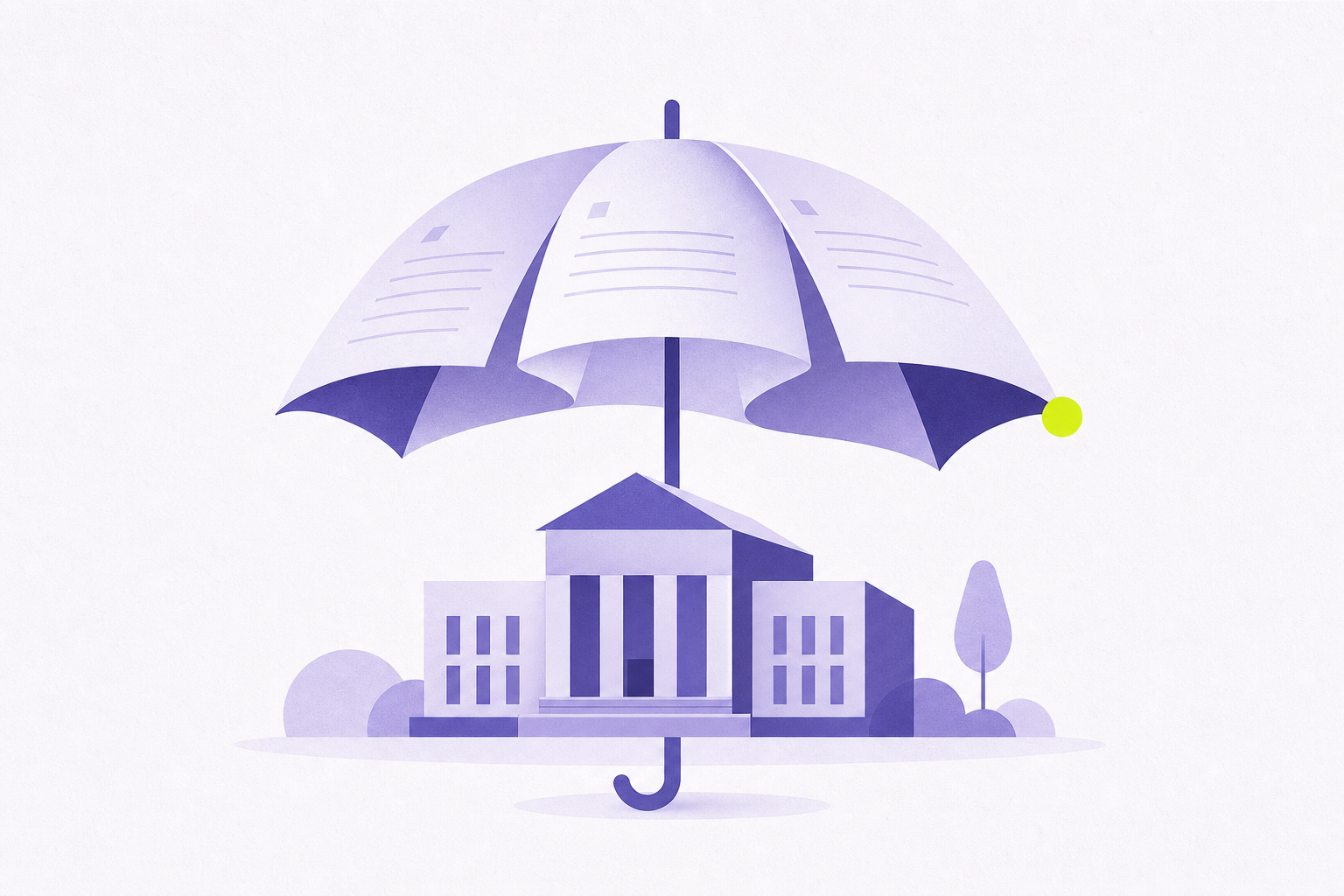 Flat illustration of an umbrella sheltering a building, formed from policy sheets