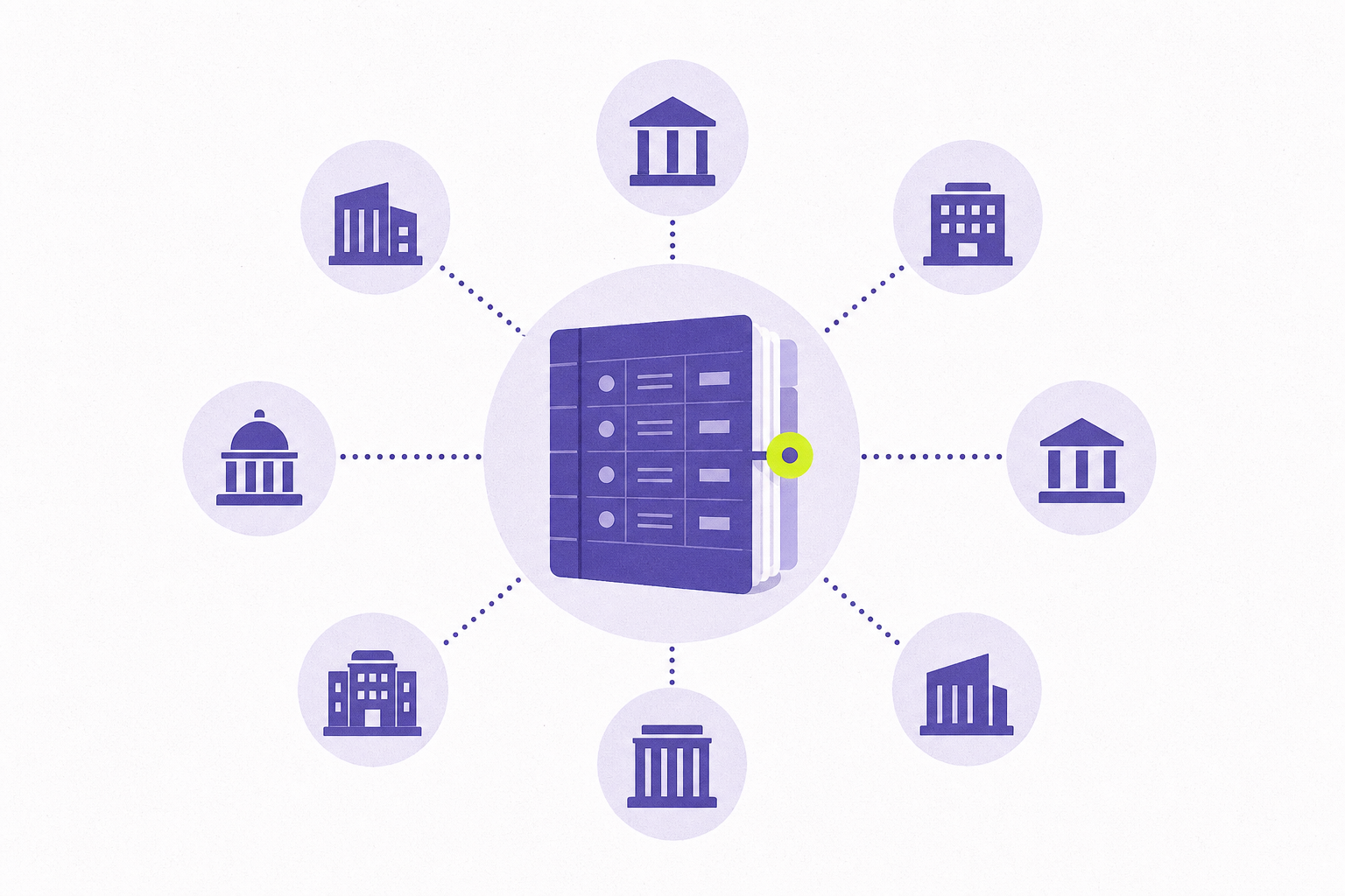 Flat illustration of a hub-and-spoke network connected to a central ledger