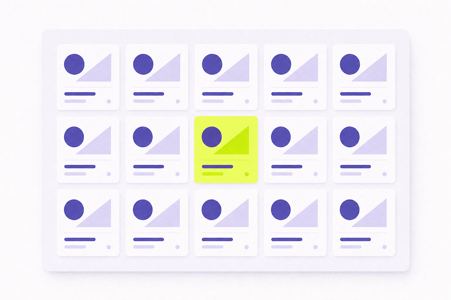 Flat illustration of a dashboard grid of deal tiles seen from above, one highlighted