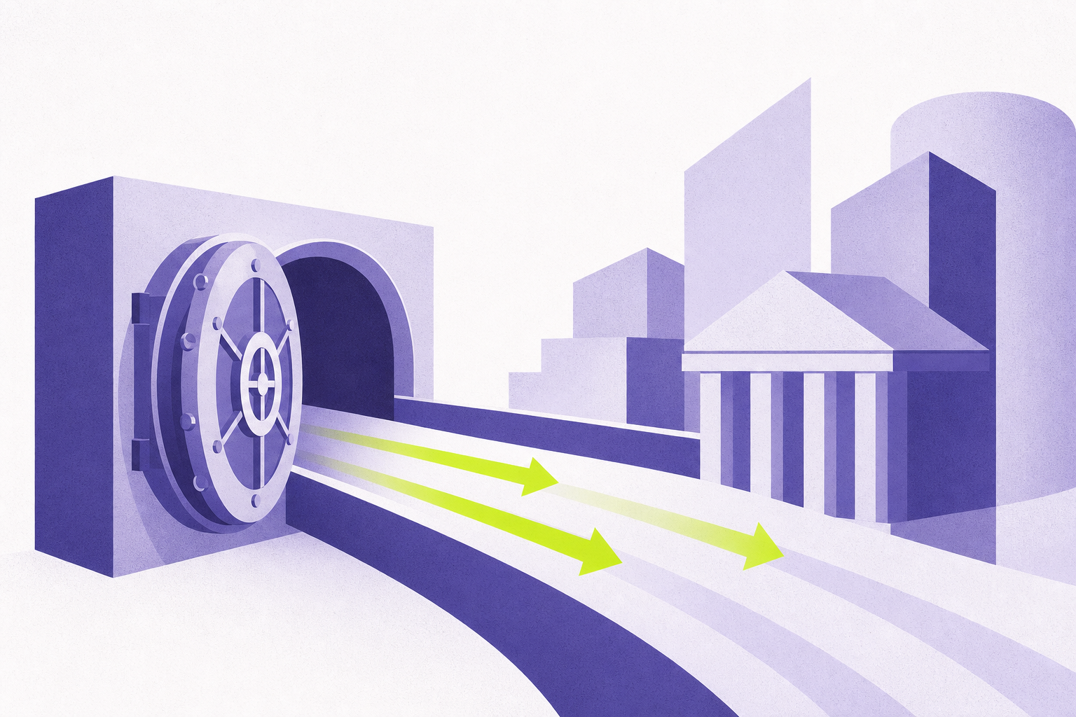 Flat illustration of a private channel routing capital arrows to transitional buildings