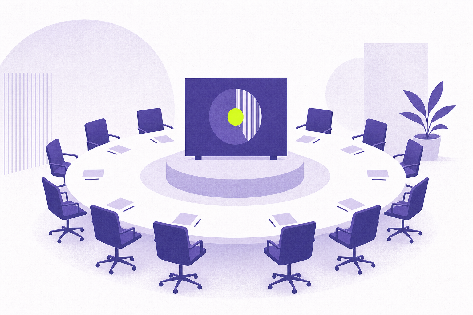 Flat-editorial illustration: a status meeting convened to answer where the deal stands