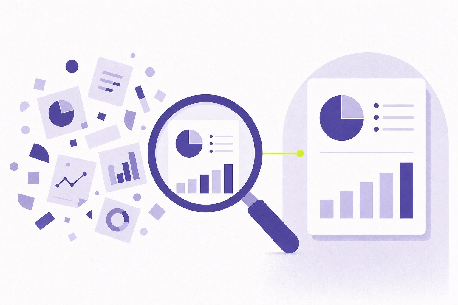 Flat illustration of a lens resolving scattered figures into a clean report card