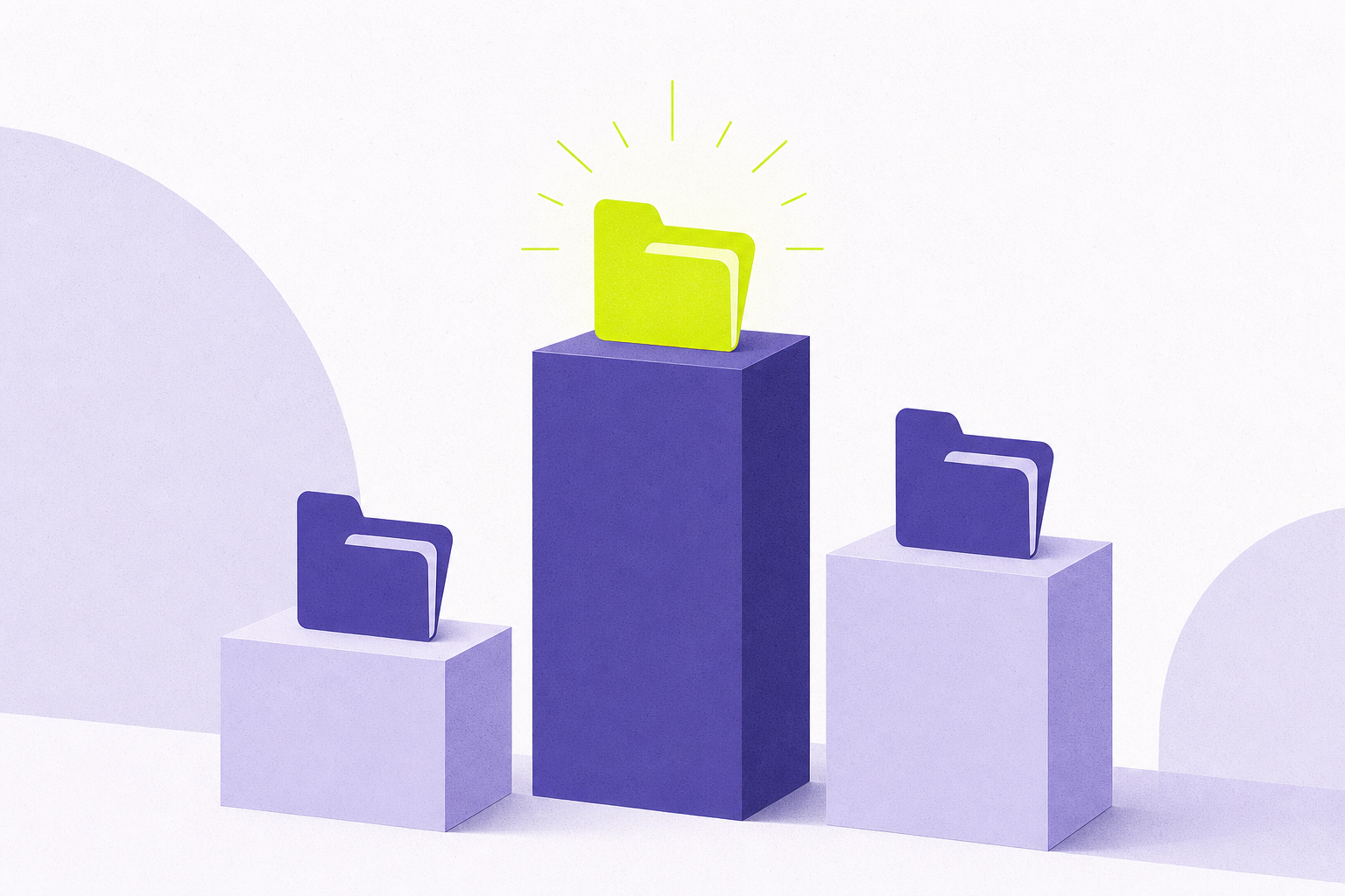 Flat illustration of a podium of pedestals holding folder icons, tallest glowing