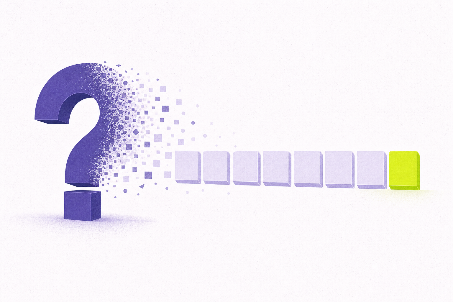 Flat editorial illustration of a question mark dissolving into a clear progress bar