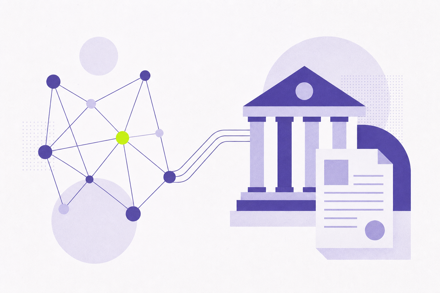 Flat illustration of an AI node network connected to a building and a document