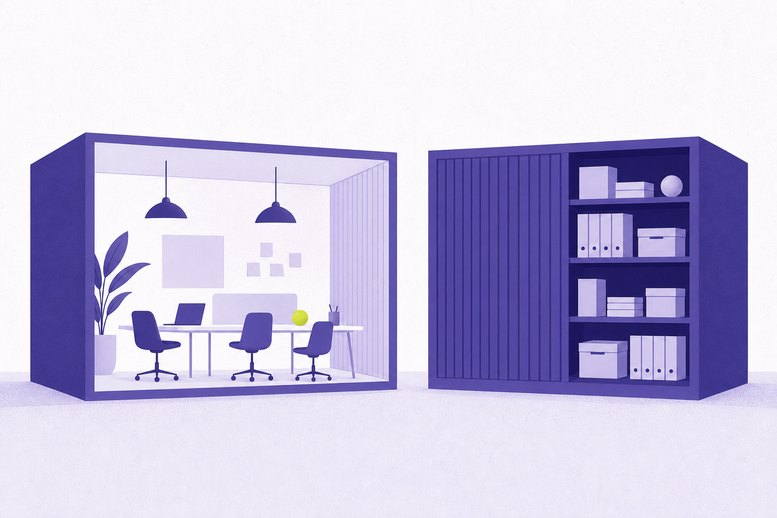Flat illustration of an active workspace beside a static shelf