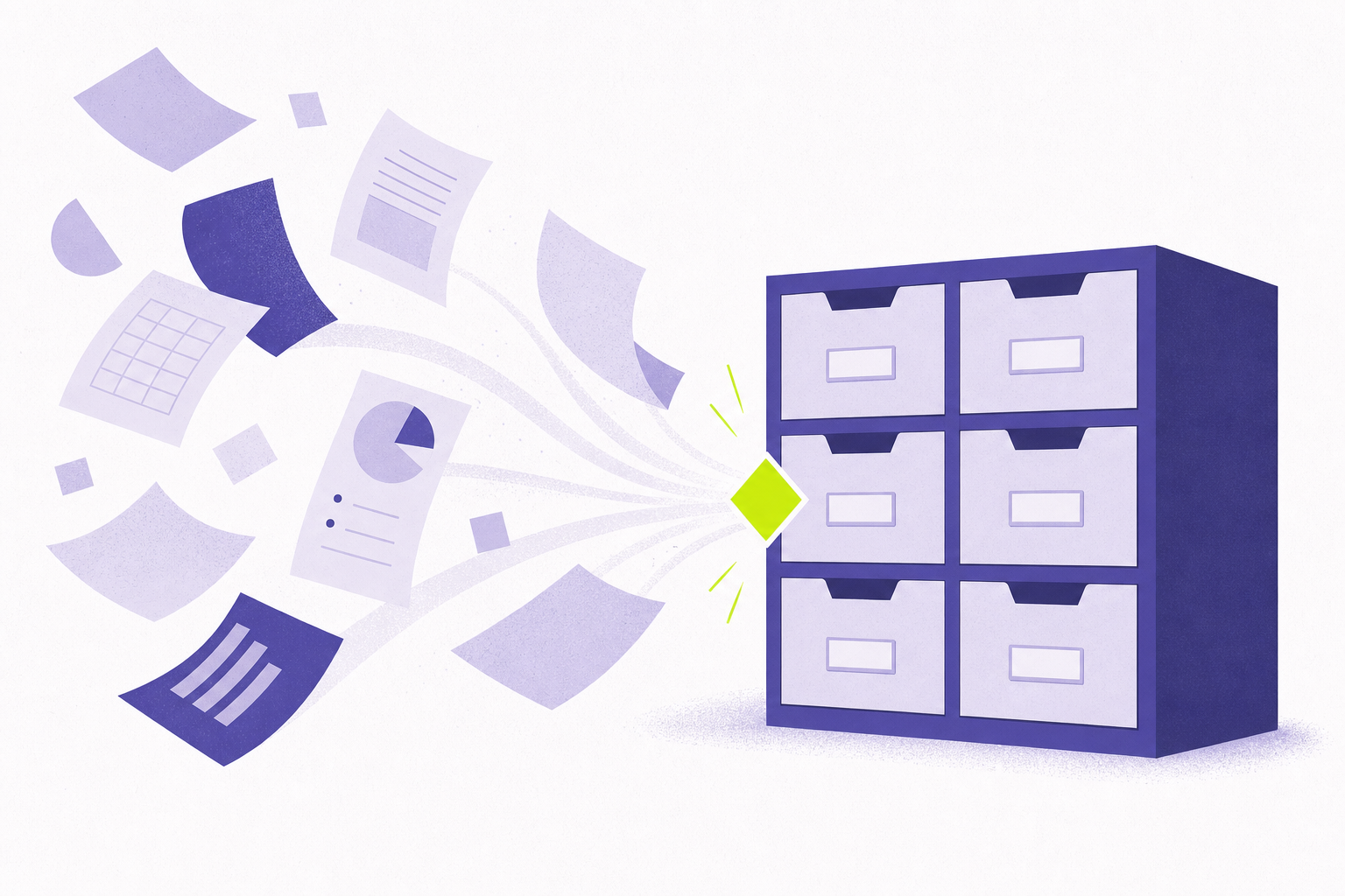 Flat illustration of loose papers snapping into labeled drawers
