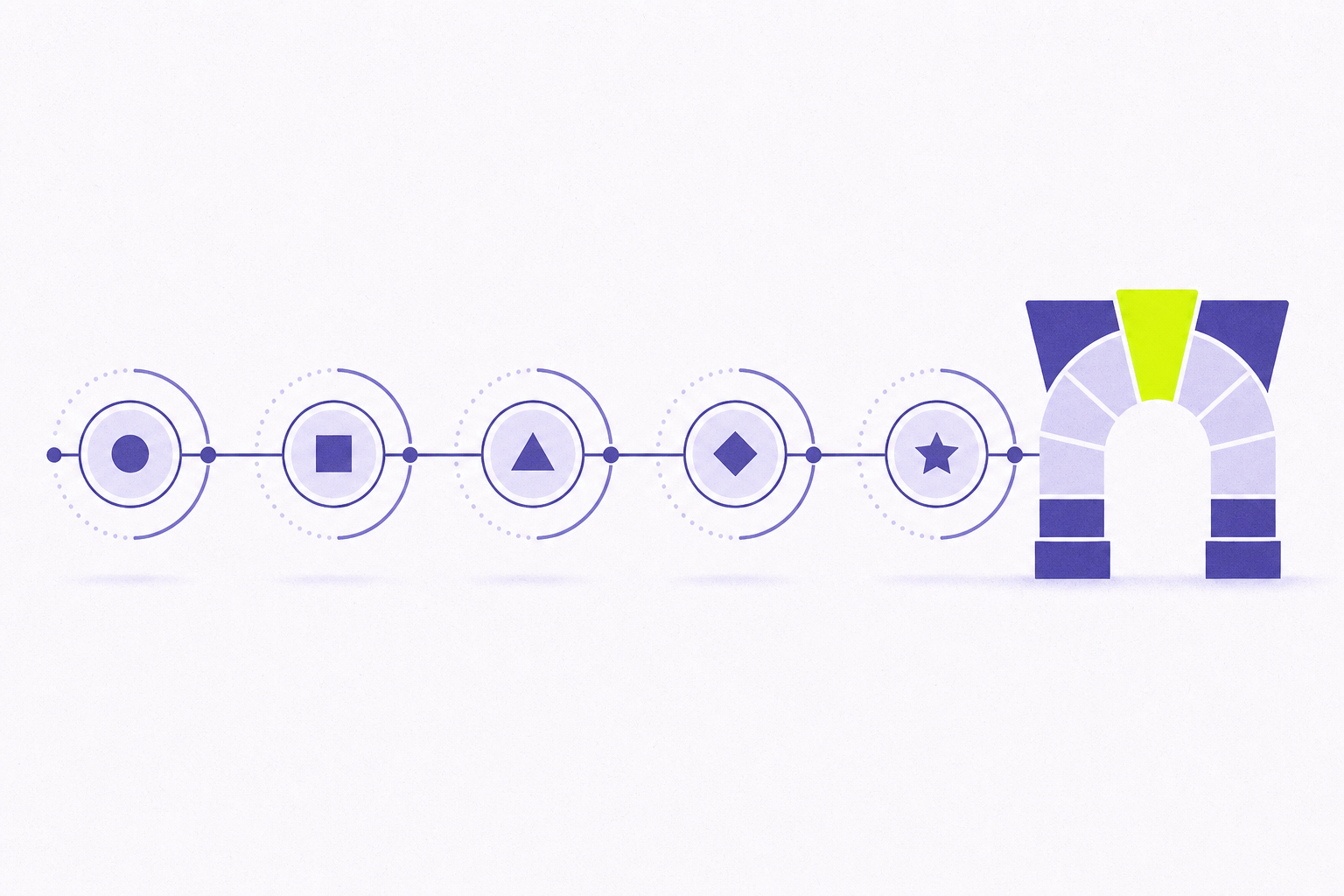 Flat editorial illustration of a milestone timeline moving toward a keystone