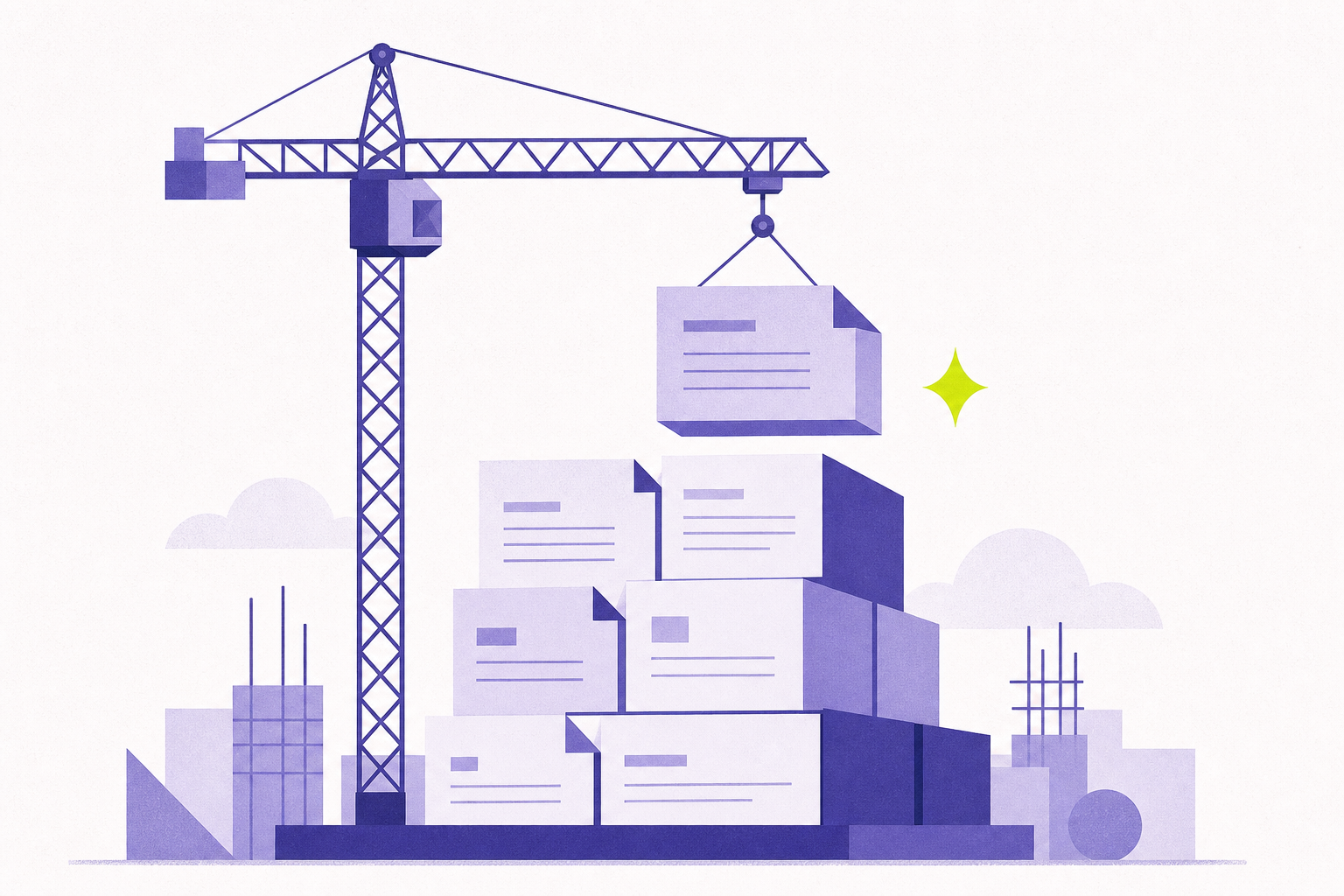 Flat editorial illustration of a building assembled from document blocks with a crane