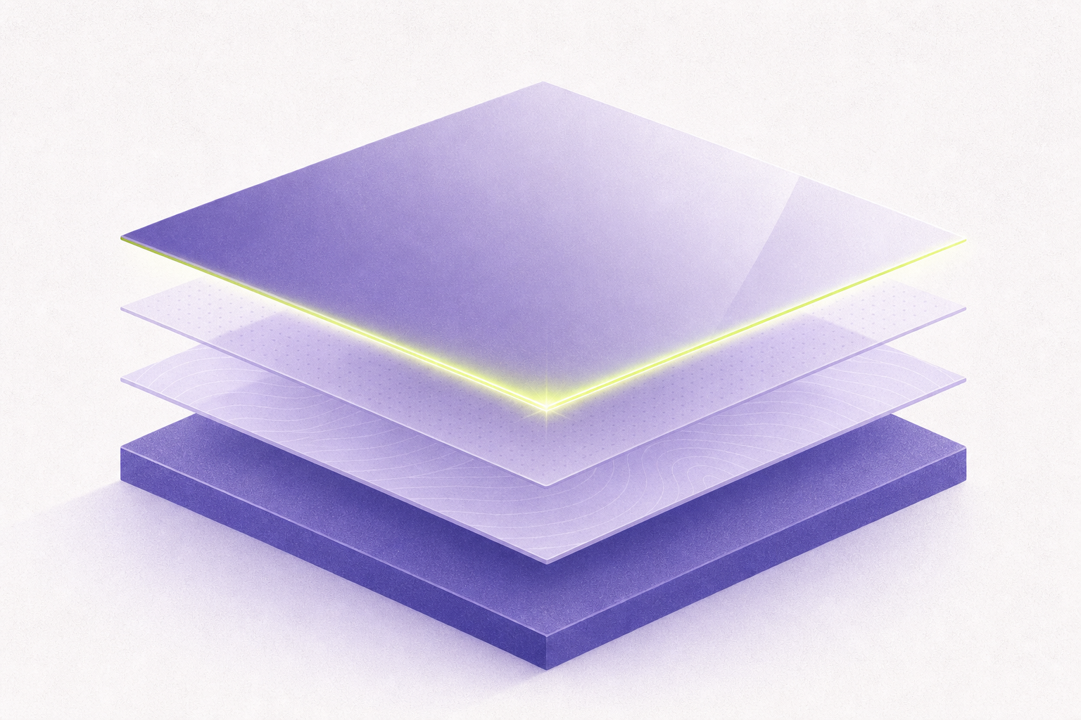 Flat editorial illustration of stacked translucent strata with the top layer glowing at its edge