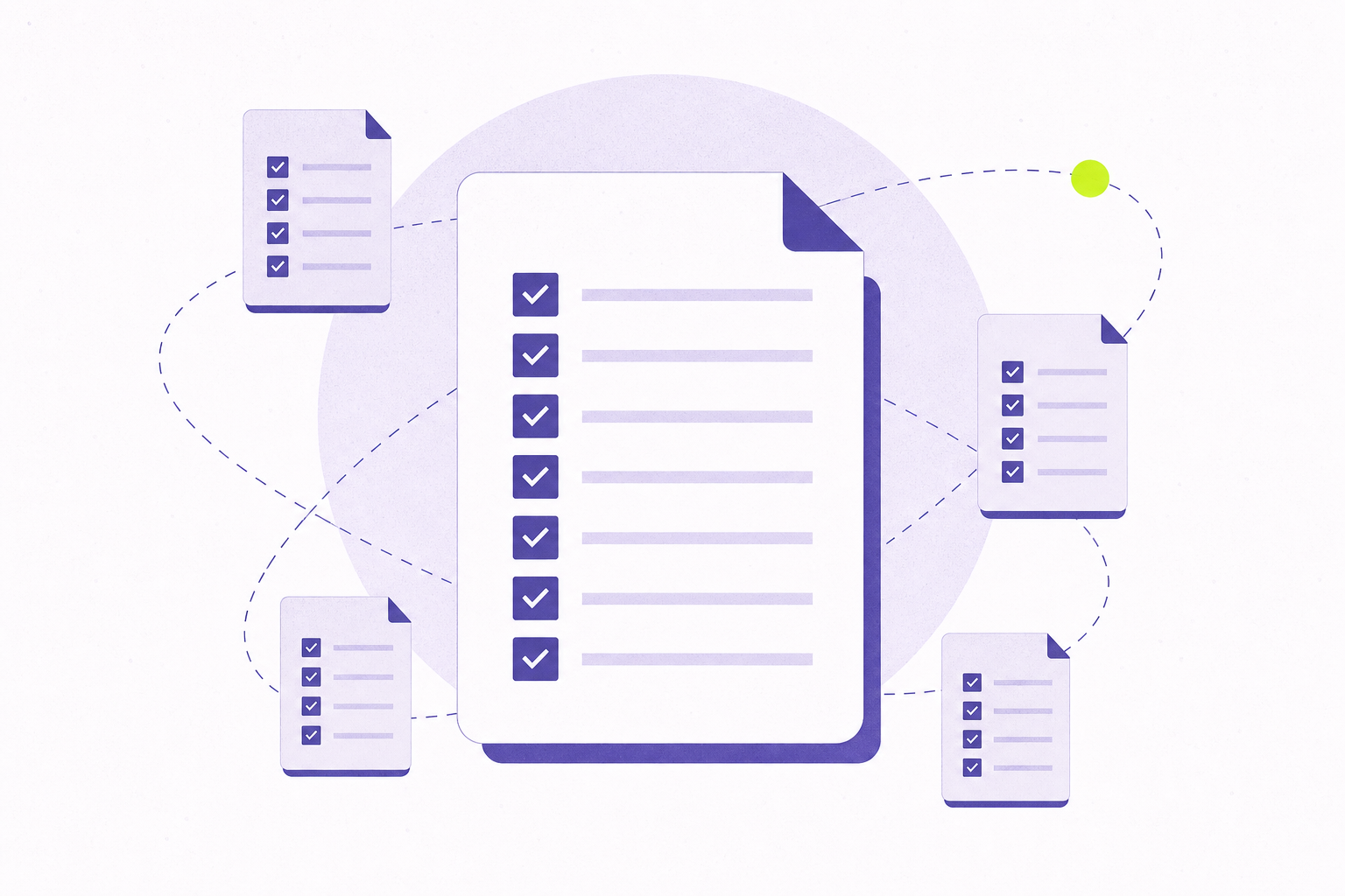 Flat editorial illustration of a master checklist with satellite checklists around it