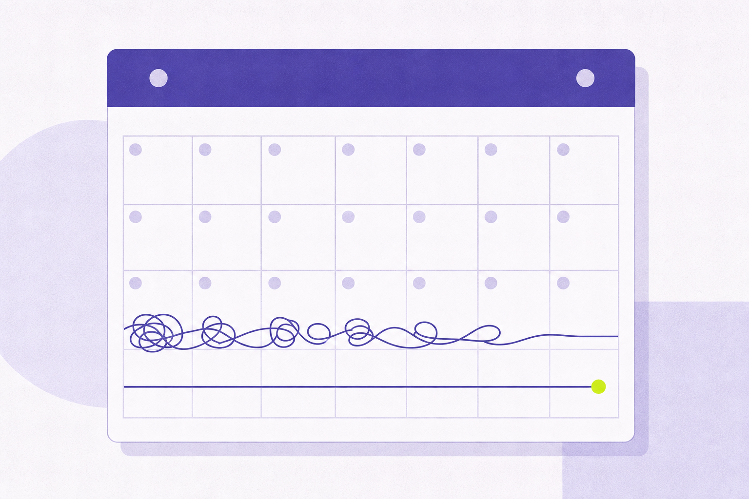 Flat editorial illustration of a calendar grid where tangled thread straightens
