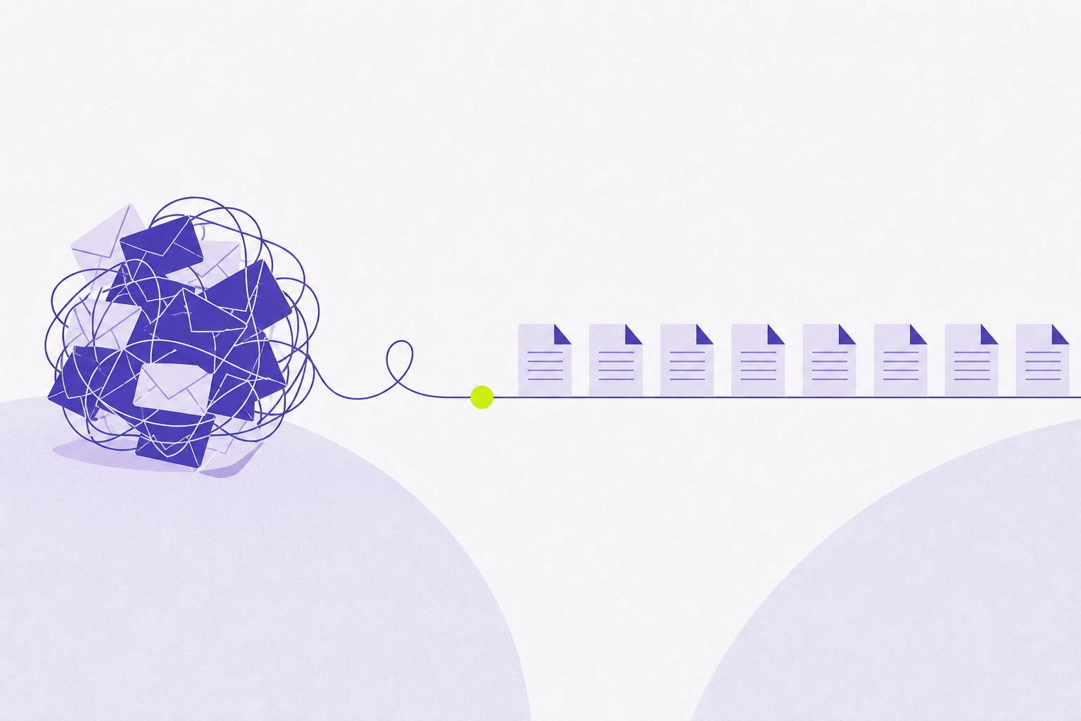 Flat editorial illustration of tangled envelopes unraveling into one straight line of documents