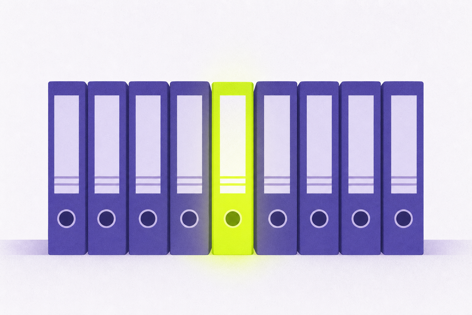 Flat illustration of identical binders in formation, one with a glowing spine