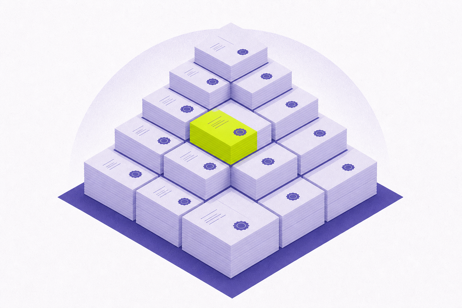 Flat editorial illustration of stamped documents stacked into an orderly ziggurat