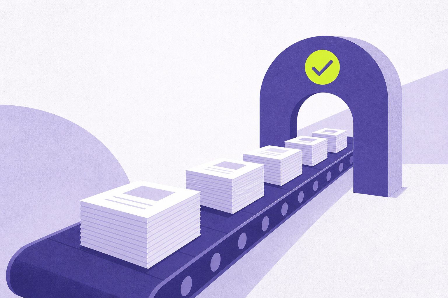 Flat-editorial illustration: a HUD submission queue backing up behind missing exhibits