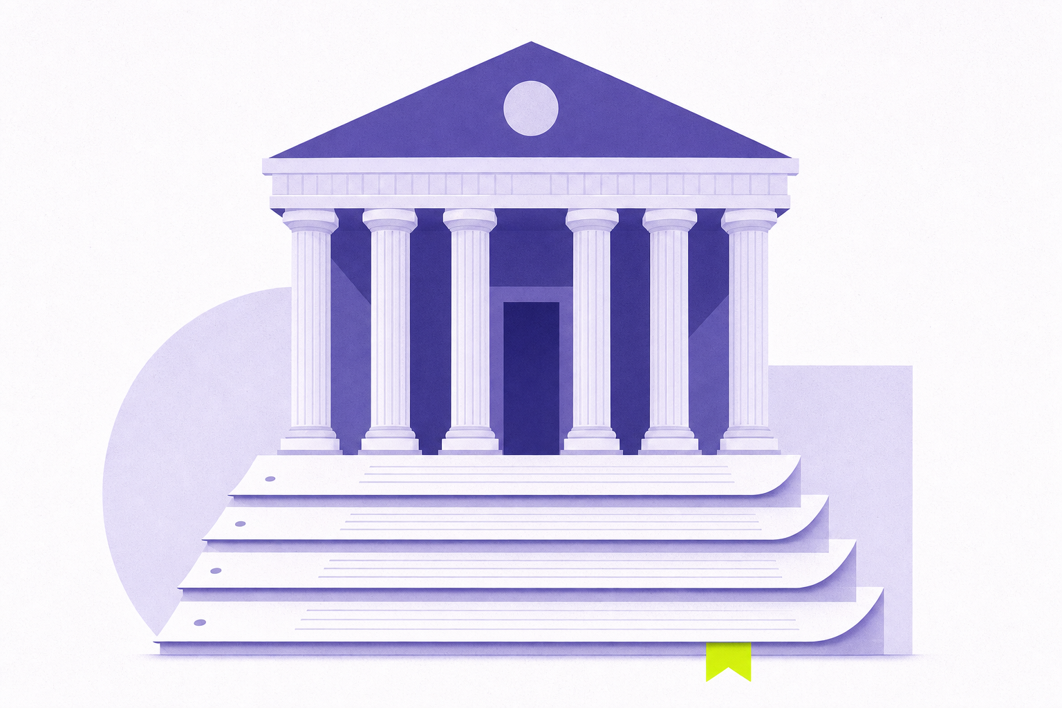 Flat editorial illustration of a classical building facade with document sheets as steps