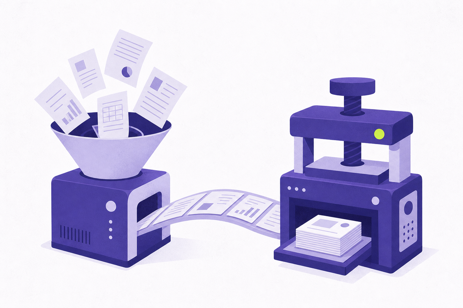 Flat editorial illustration of an intake funnel machine and a finishing press connected by a bridge of documents