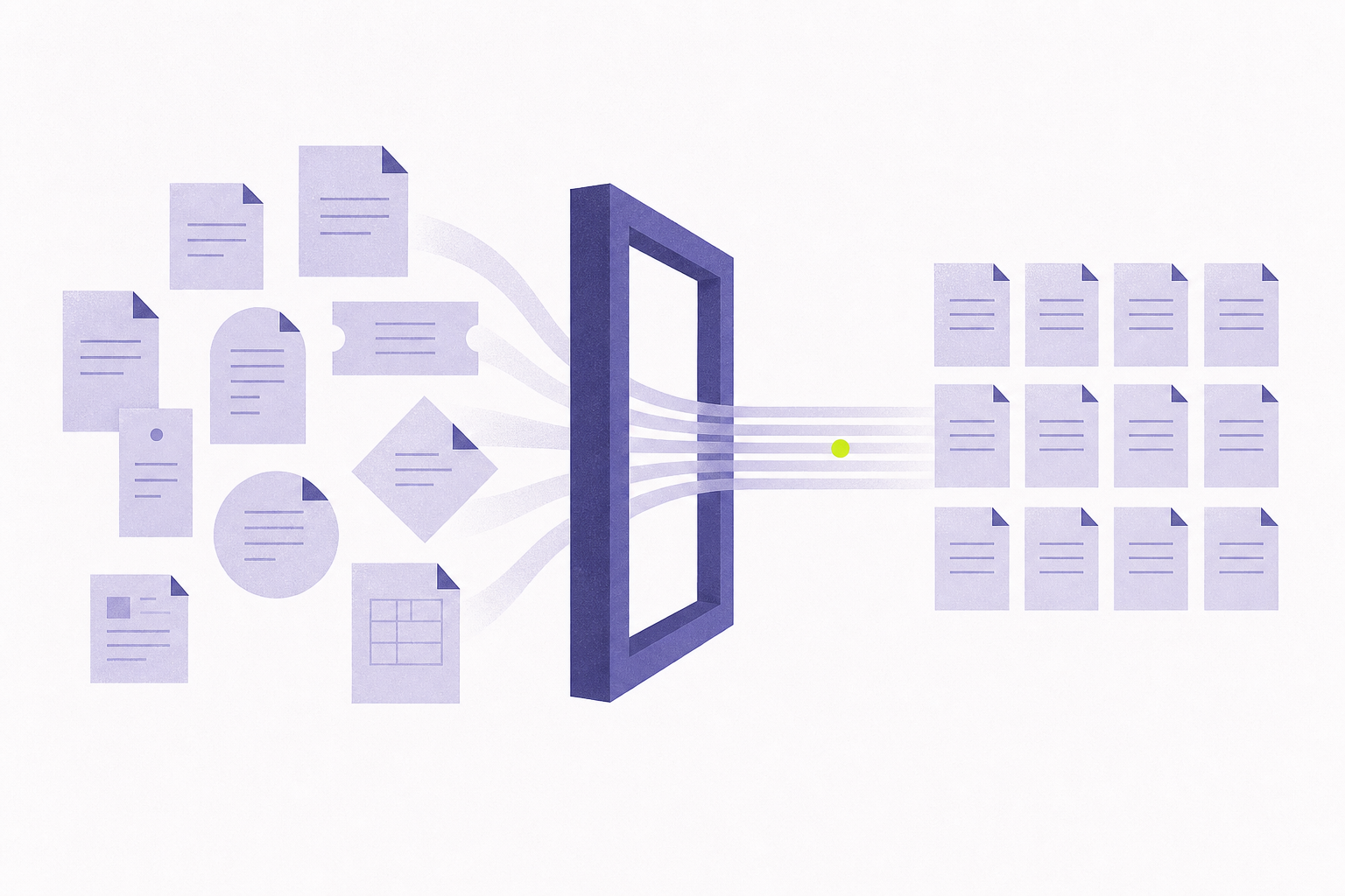 Flat editorial illustration of varied document shapes passing through a frame and emerging aligned